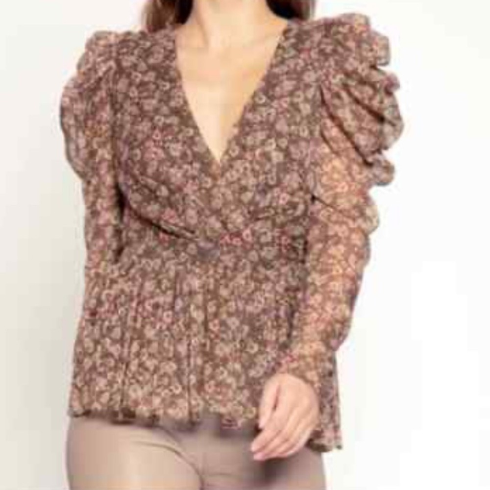 Walter Baker Romantic Floral-Print Peplum Top, Sheer Puff Sleeves, Size S NWT